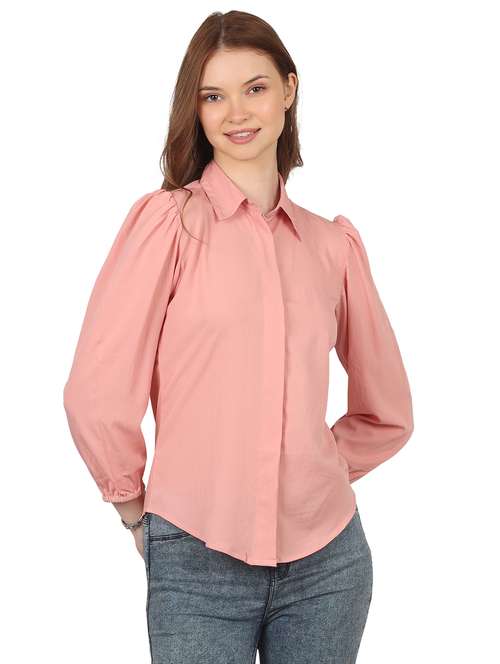 women solid collared puff sleeve shirt - 22061354 - Standard Image - 0
