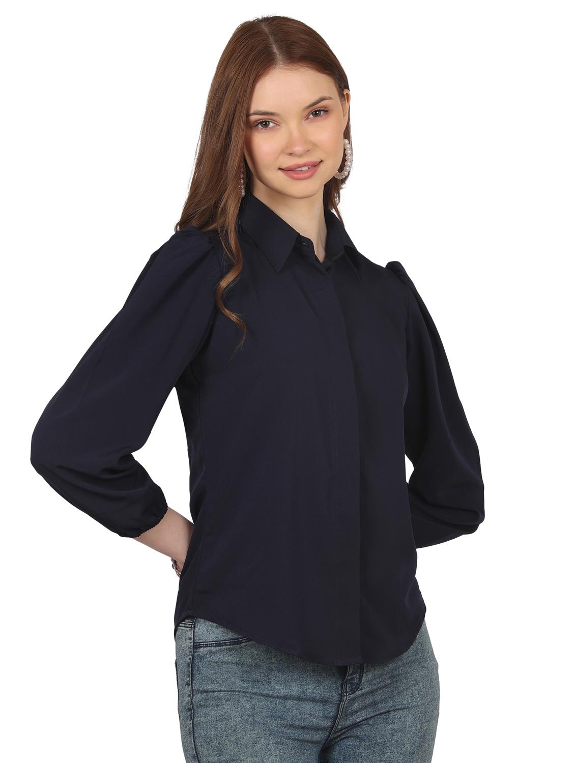 women solid collared puff sleeve shirt - 22061357 - Standard Image - 2