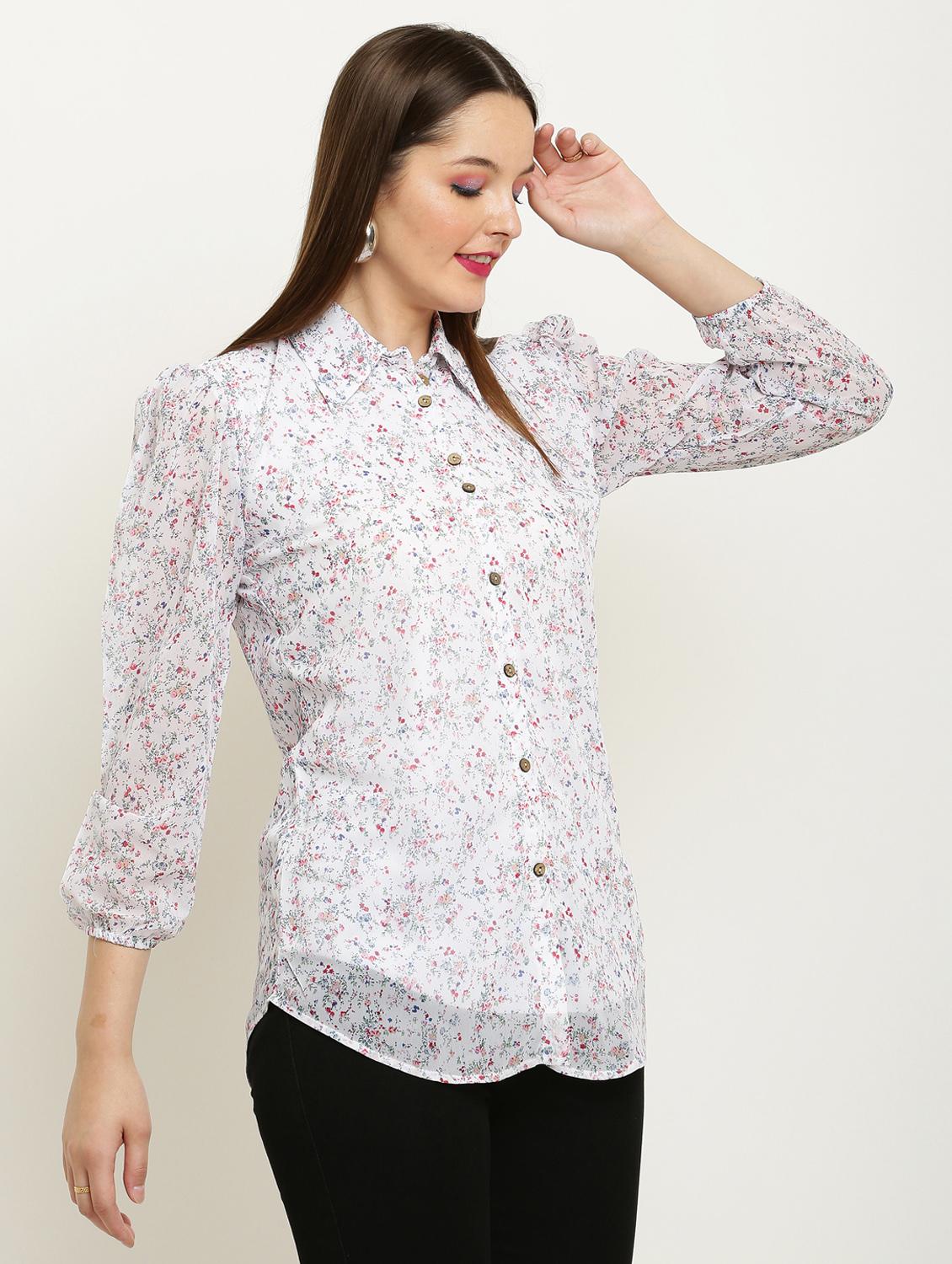 women printed collared puff sleeve shirt - 22061360 - Standard Image - 2