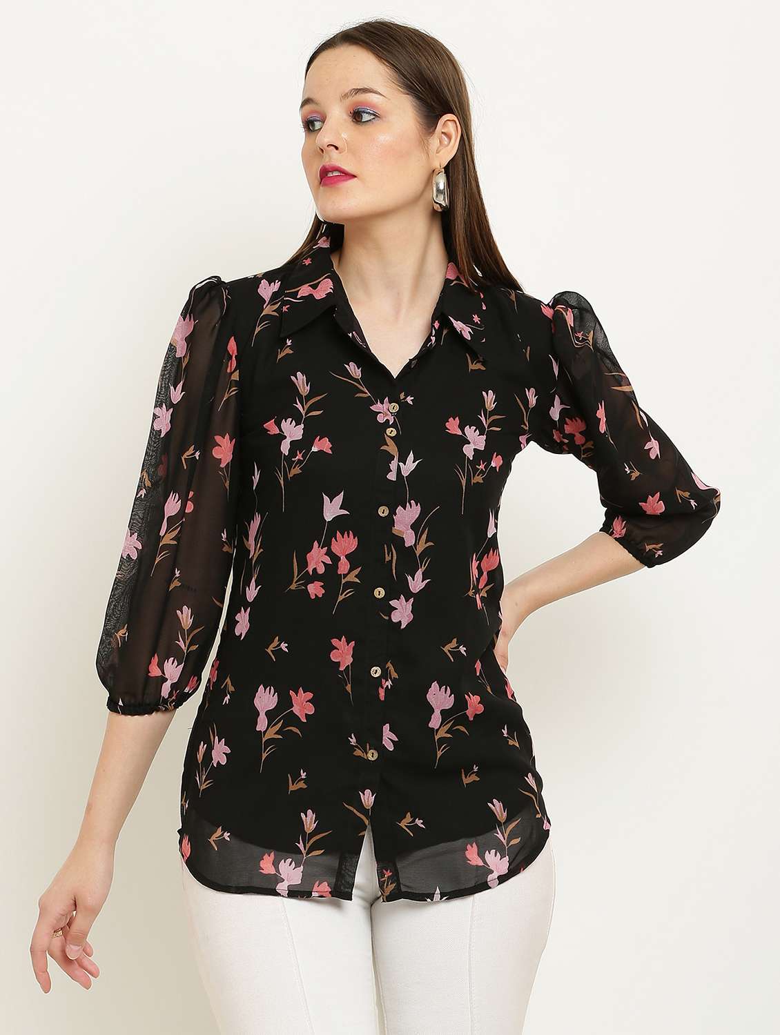 women printed collared puff sleeve shirt