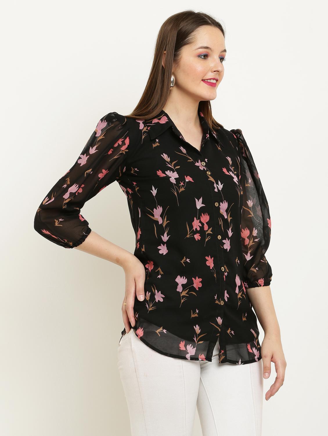 women printed collared puff sleeve shirt - 22061362 - Standard Image - 2