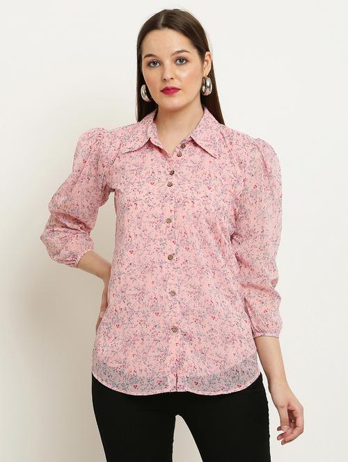women printed collared puff sleeve shirt - 22061365 - Standard Image - 0