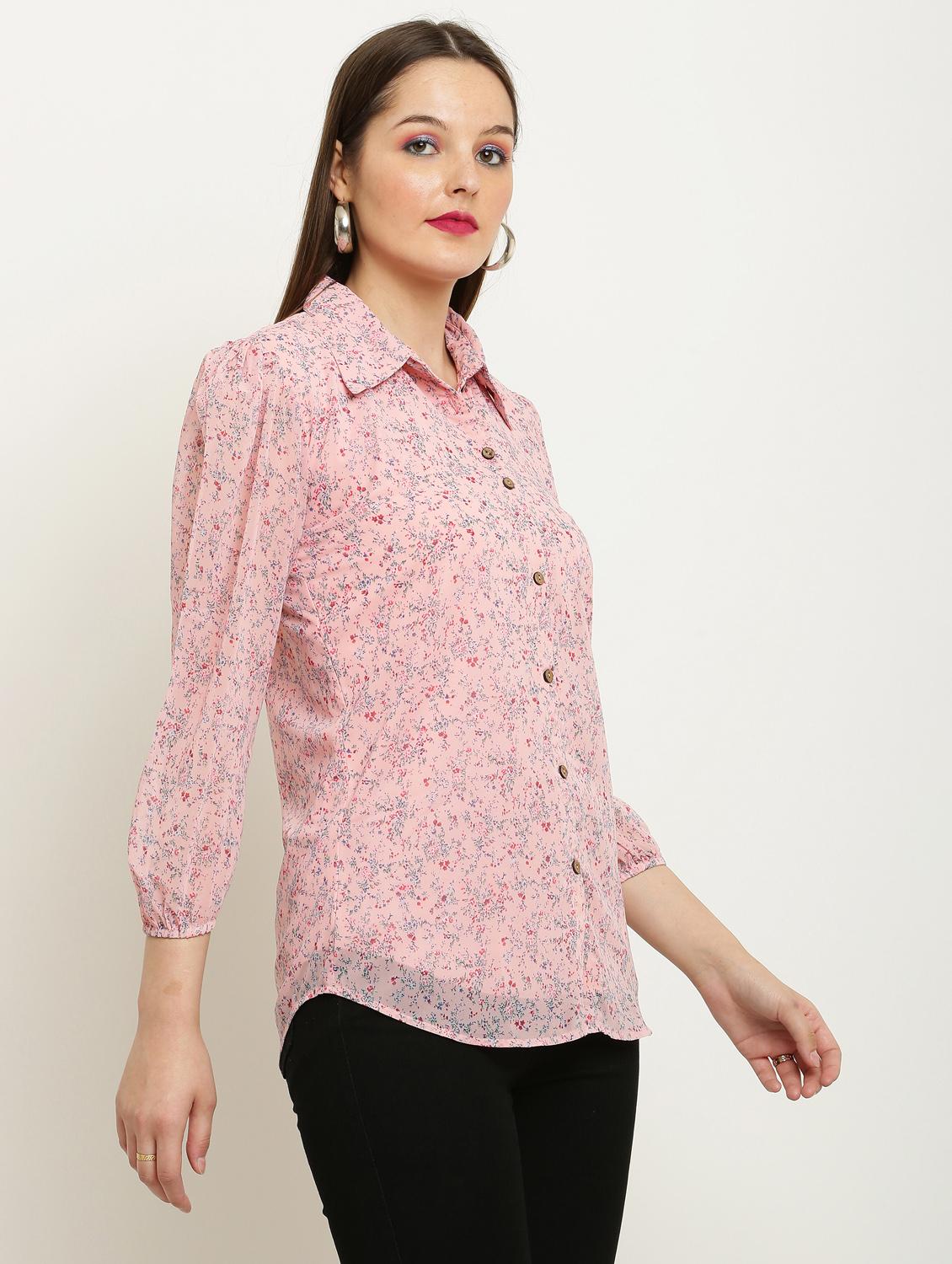 women printed collared puff sleeve shirt - 22061365 - Standard Image - 2