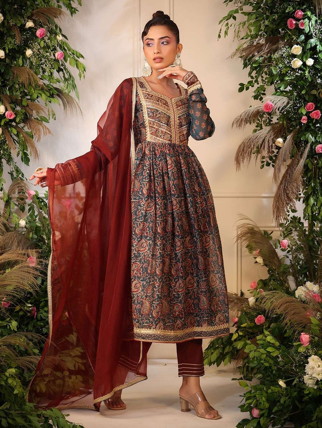 women printed long sleeve kurta pant with dupatta set - 22061449 - Standard Image - 2