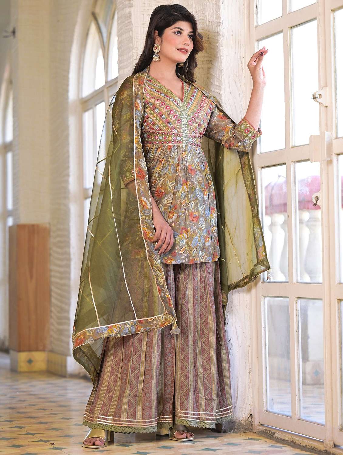 women three quarter sleeve kurta sharara with dupatta set - 22061455 - Standard Image - 2