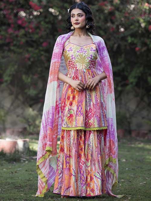 women printed shoulder strap kurta sharara with dupatta set - 22061457 - Standard Image - 0
