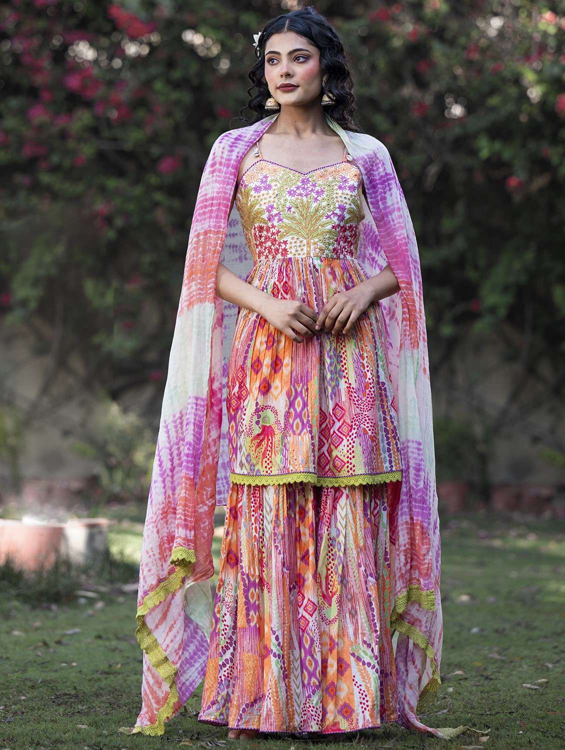 women printed shoulder strap kurta sharara with dupatta set - 22061457 - Zoom Image - 0