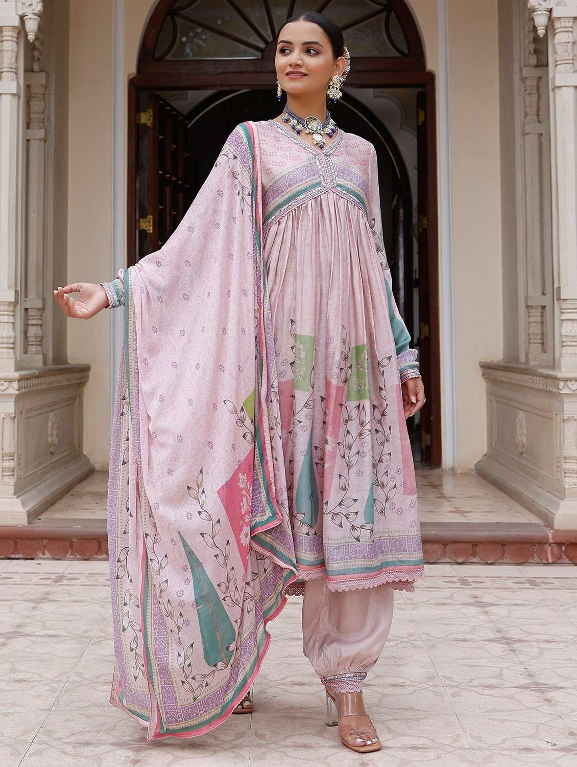 women printed long sleeve kurta pant with dupatta set