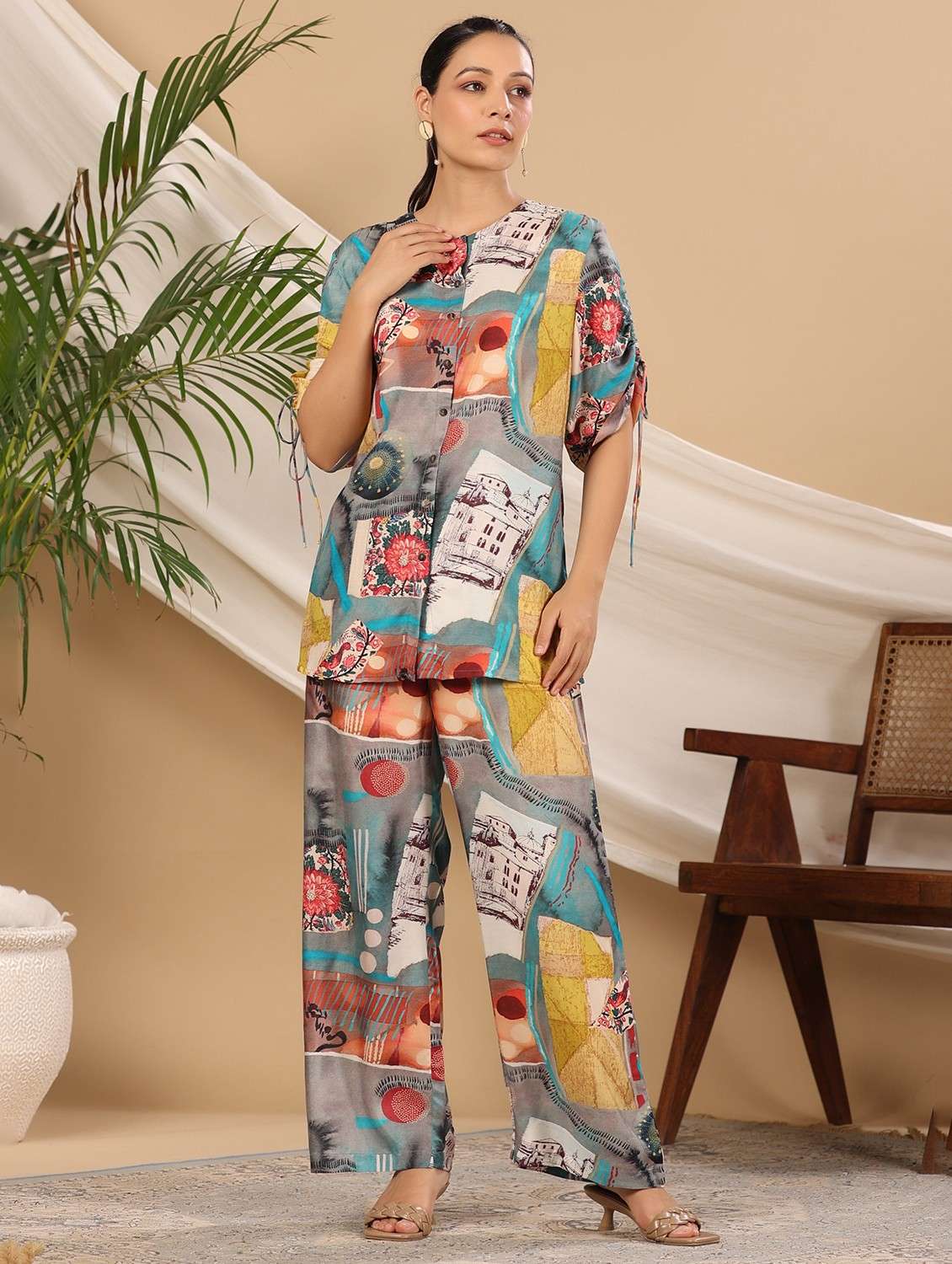 women printed short sleeve ethnic co-ord set - 22061507 - Standard Image - 2