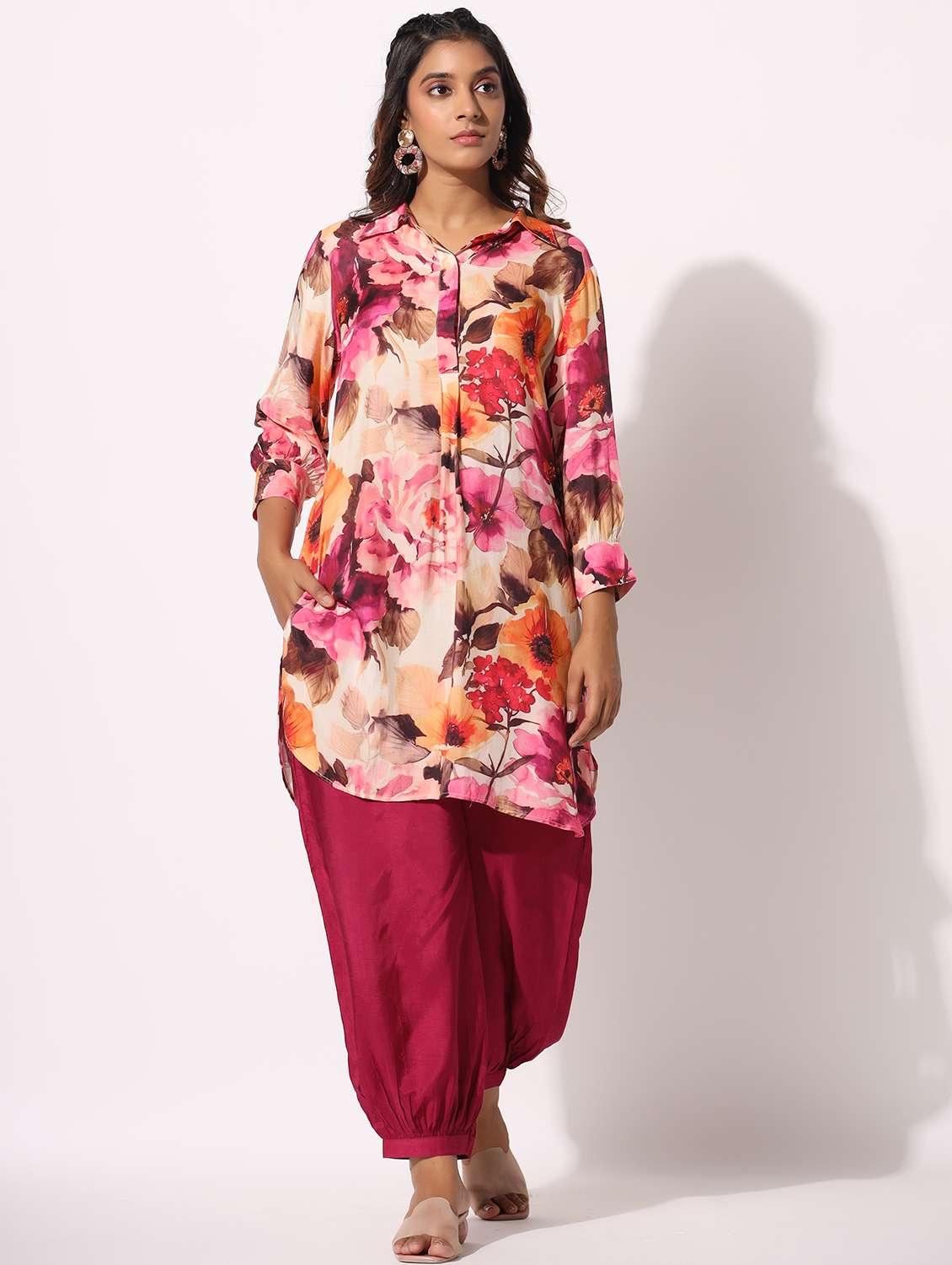 women floral printed three quarter sleeve kurta salwar set
