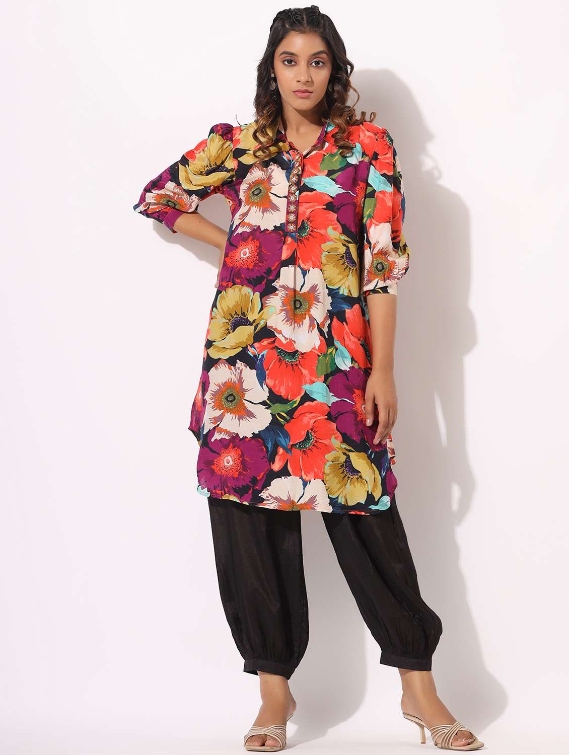 women floral printed three quarter sleeve kurta salwar set