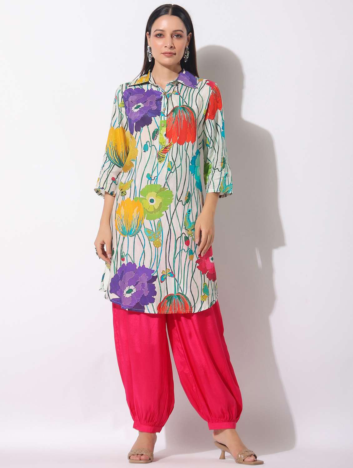 women floral printed three quarter sleeve kurta salwar set