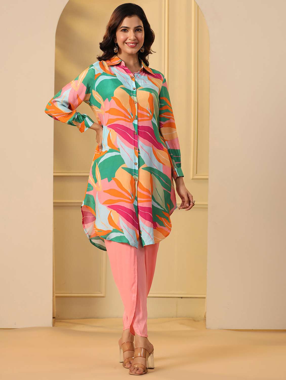 women printed long sleeve dhoti kurta set