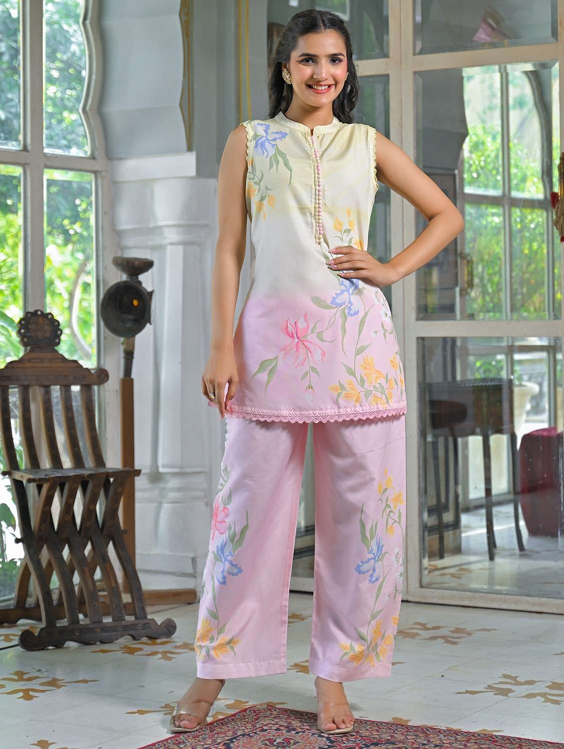 women printed sleeveless ethnic co-ord set