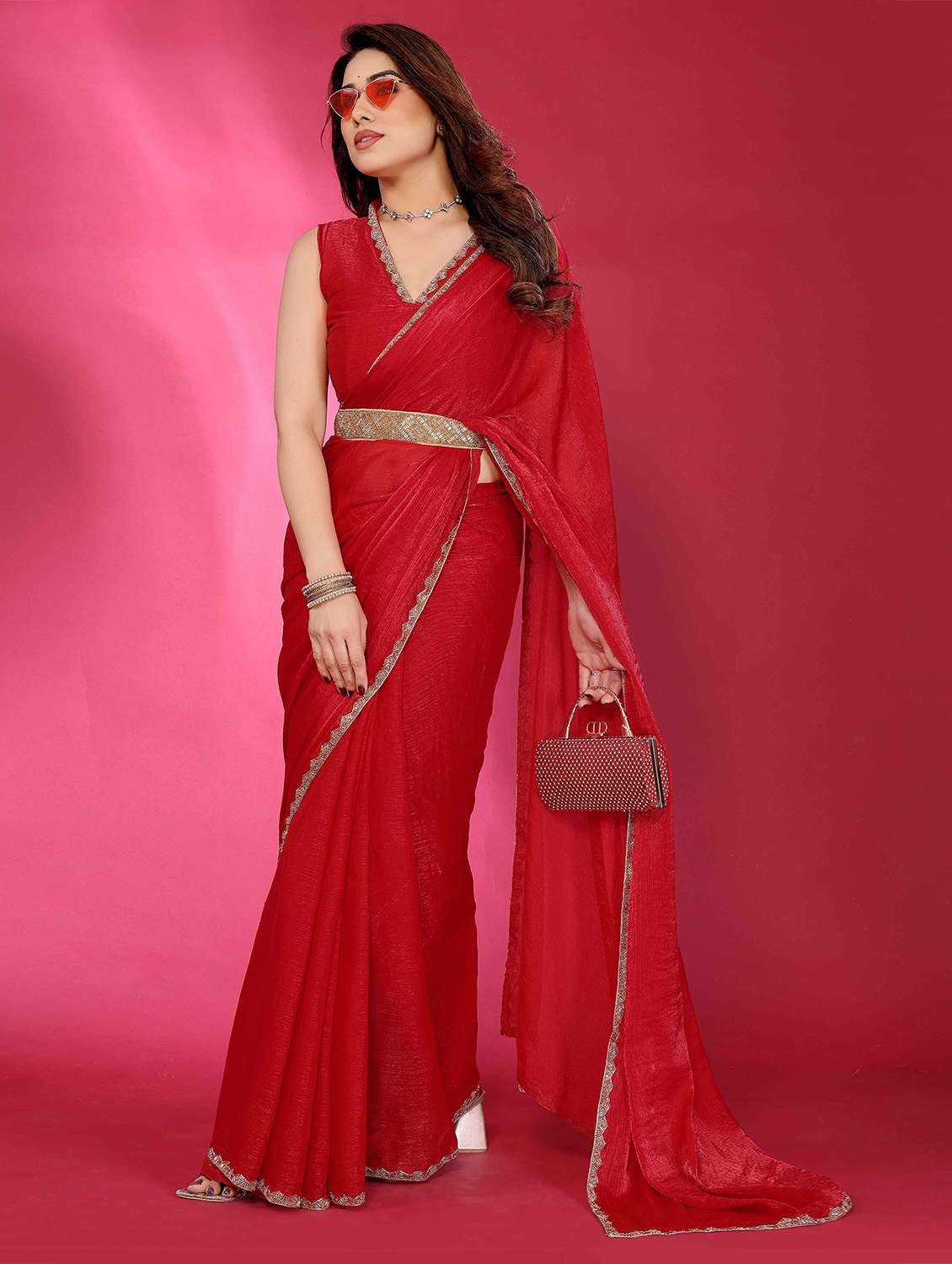 women solid embellished bordered saree with blouse - 22061574 - Zoom Image - 0