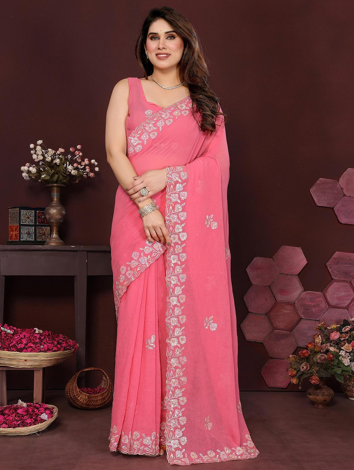 women solid with work embroidered saree with blouse - 22061578 - Zoom Image - 0