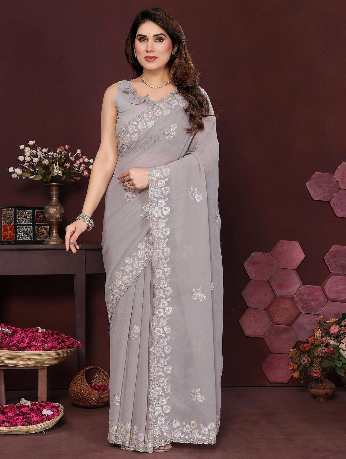 women solid with work embroidered saree with blouse