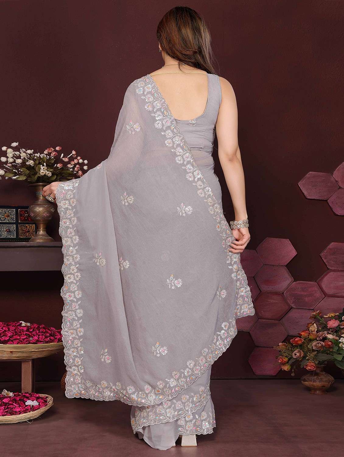 women solid with work embroidered saree with blouse - 22061579 -  Standard Image - 2