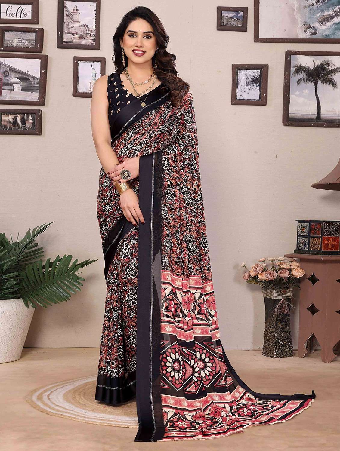 women floral printed saree with blouse