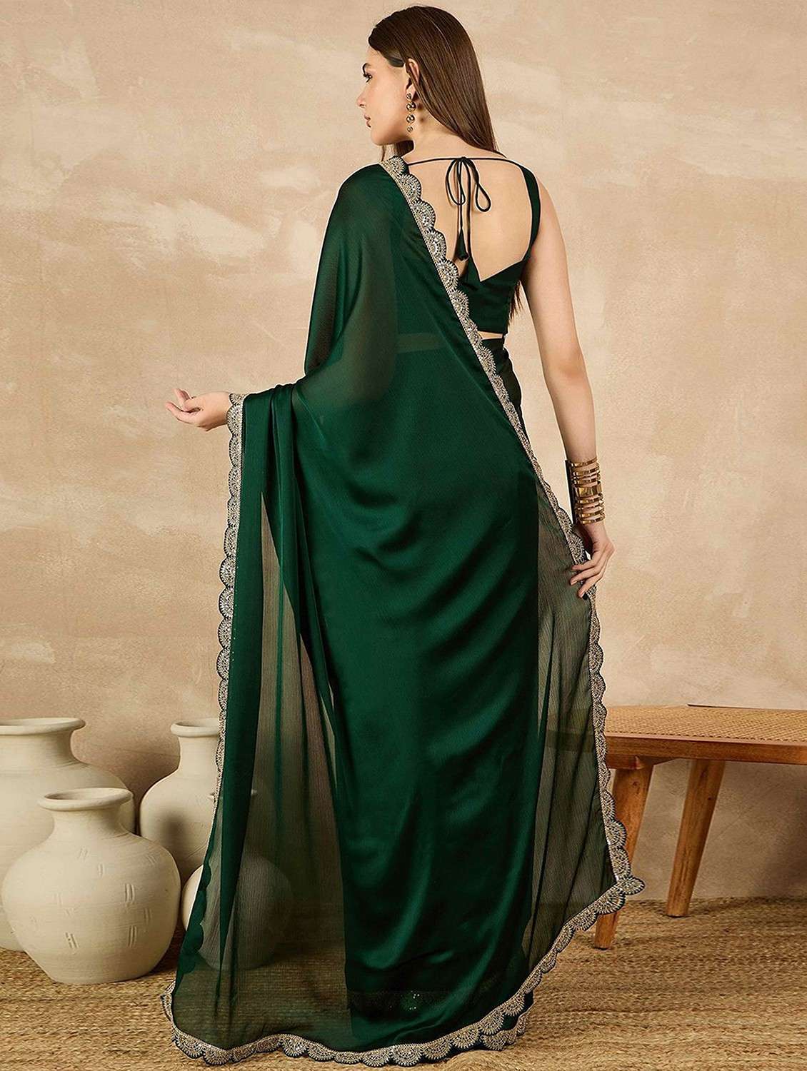 women solid with embellished bordered saree with blouse - 22061618 - Standard Image - 2