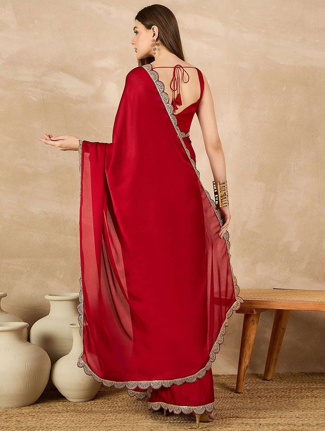 women solid with bordered saree with blouse - 22061620 - Standard Image - 2