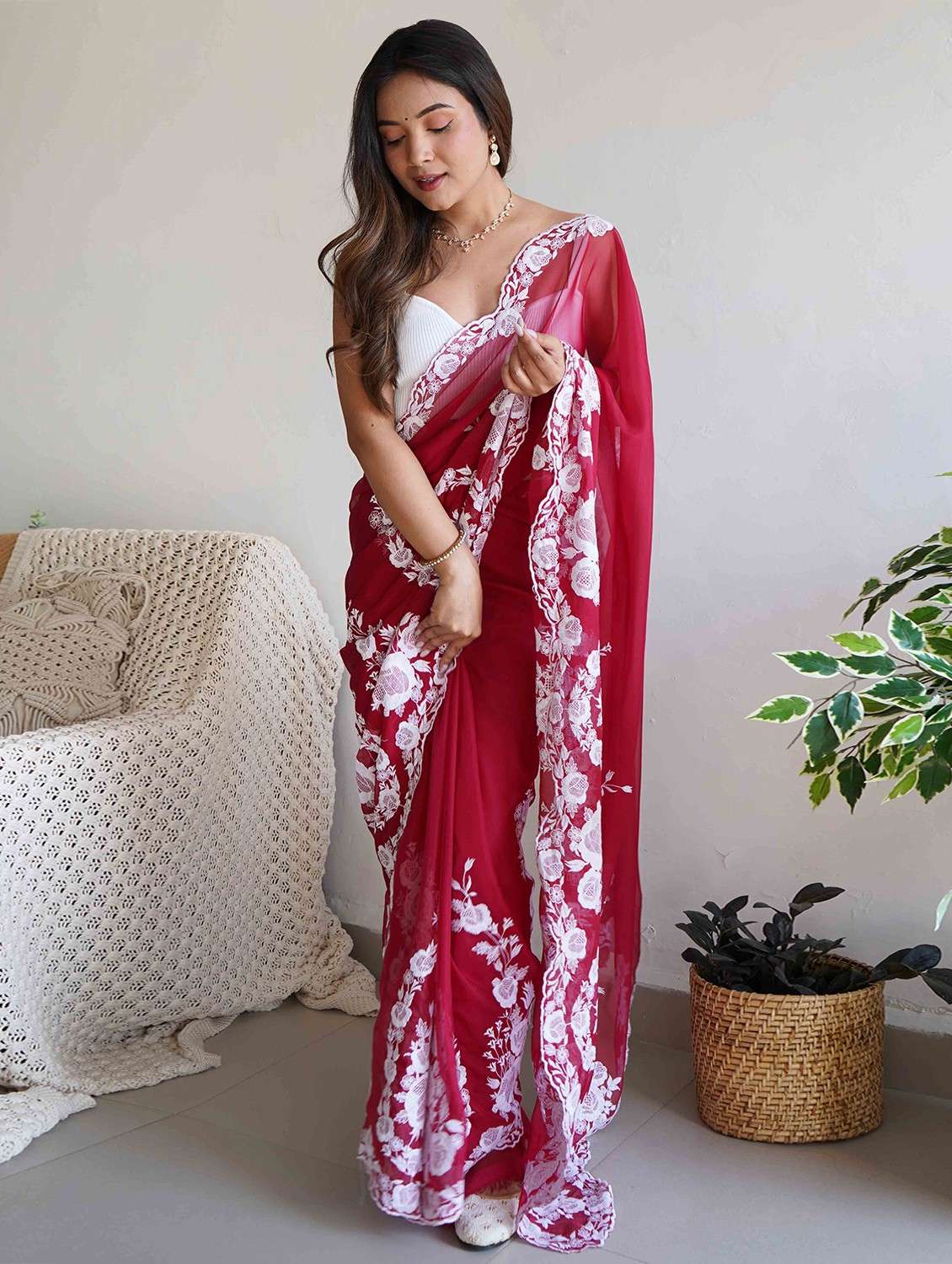 women solid with work embroidered saree with blouse