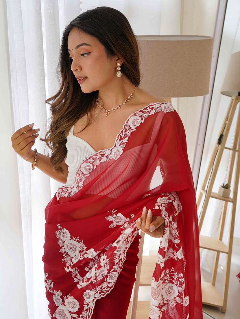 women solid with work embroidered saree with blouse - 22061645 -  Standard Image - 2