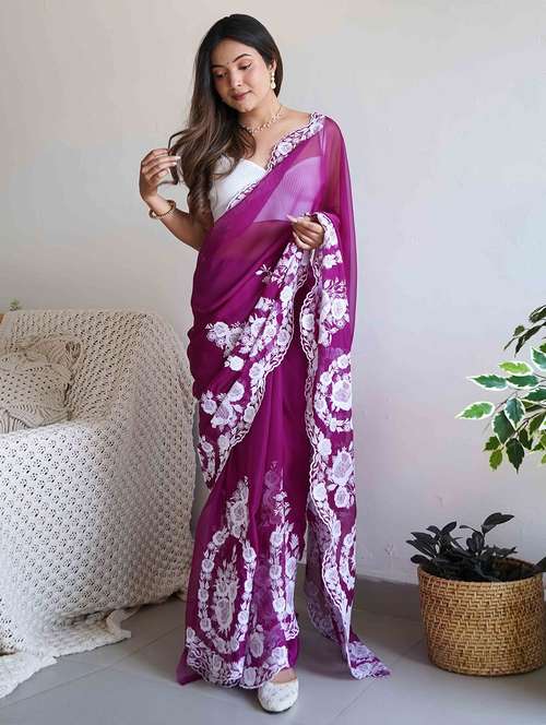 women solid with work embroidered saree with blouse - 22061646 -  Standard Image - 0
