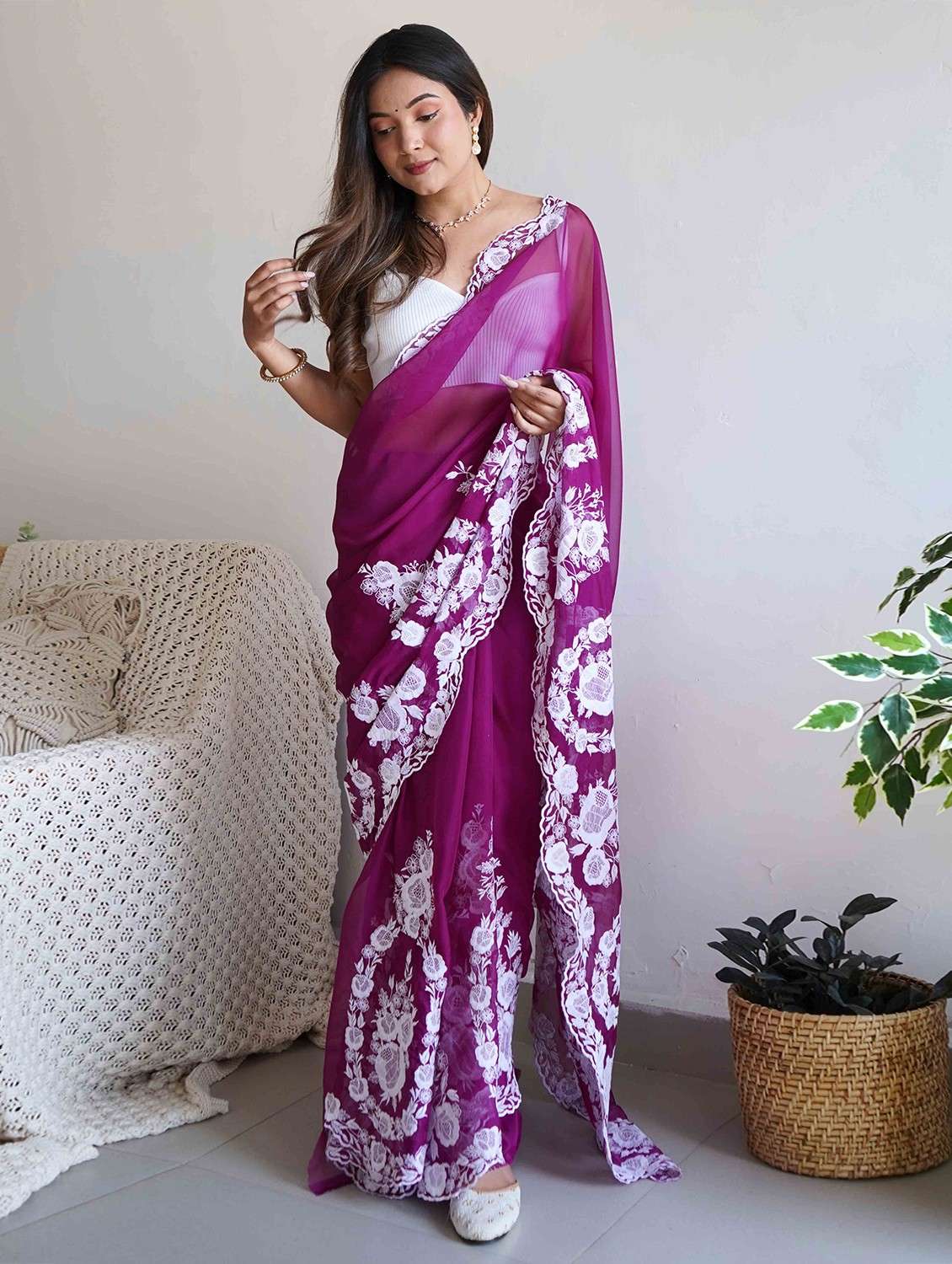 women solid with work embroidered saree with blouse - 22061646 -  Zoom Image - 0