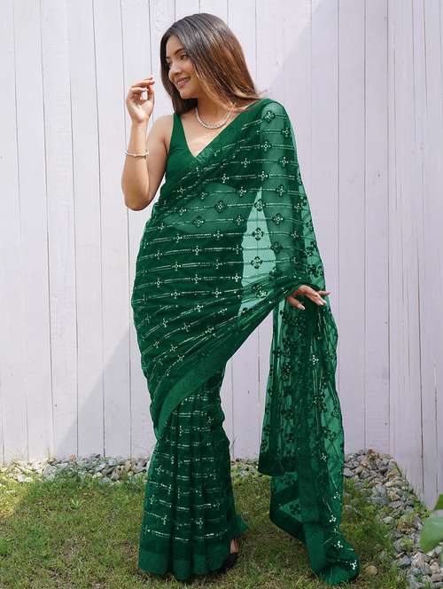 women solid with work embellished saree with blouse - 22061648 - Standard Image - 0