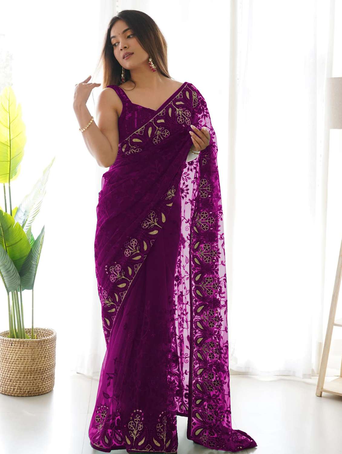 women solid with work embroidered saree with blouse