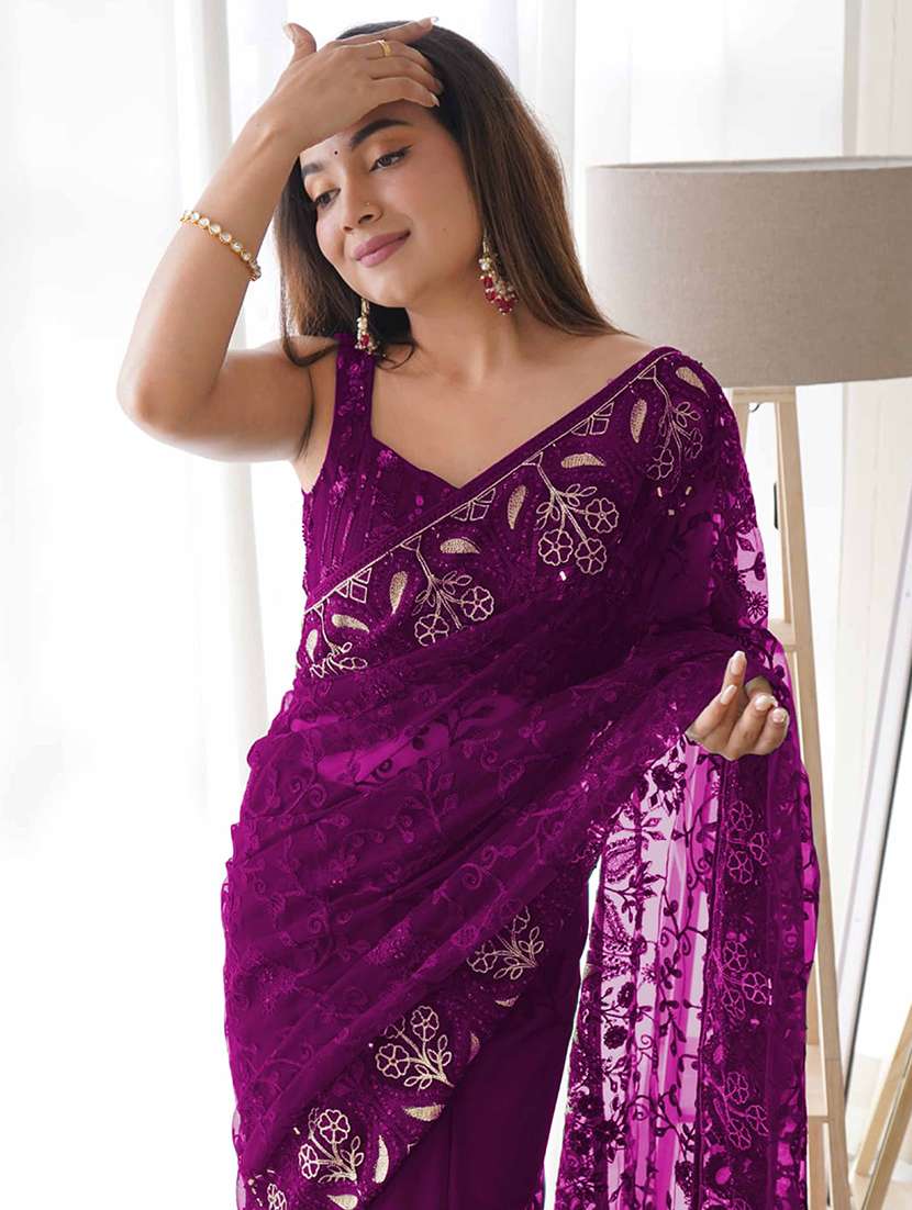 women solid with work embroidered saree with blouse - 22061652 -  Standard Image - 2