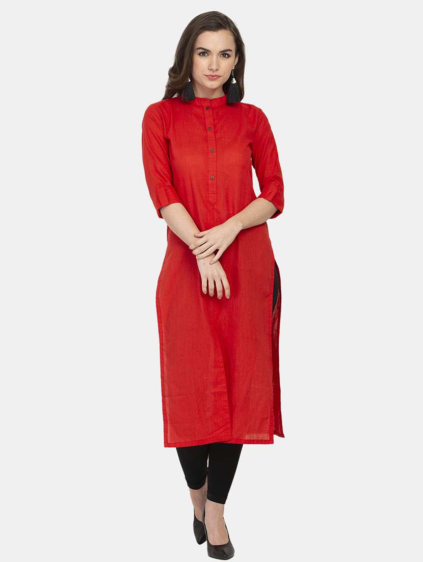 women solid three quarter sleeve straight kurta