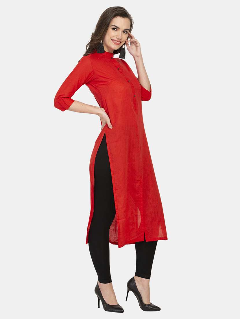 women solid three quarter sleeve straight kurta - 22061654 -  Standard Image - 2