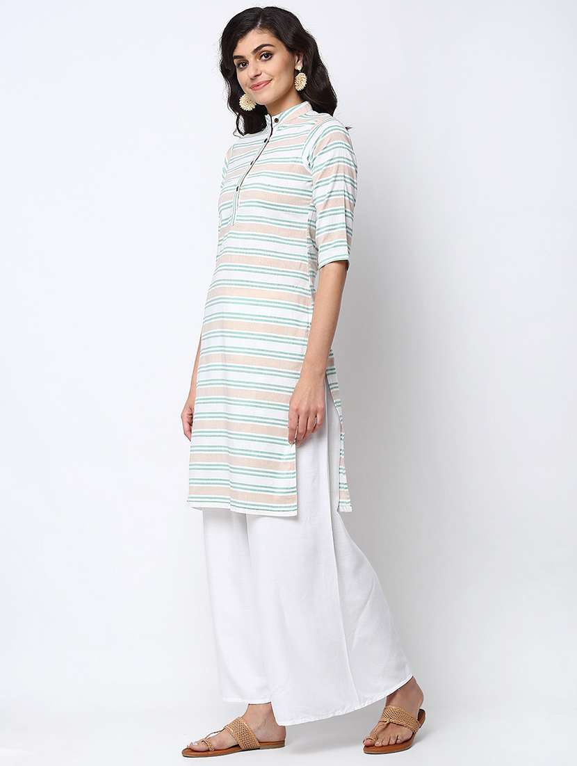 women striped three quarter sleeve straight kurta - 22061656 -  Standard Image - 2