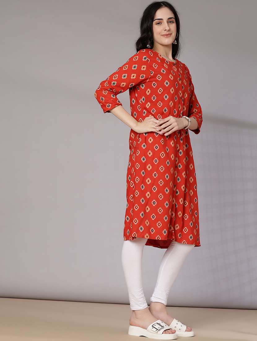 women printed three quarter sleeve a-line kurta - 22061657 -  Standard Image - 2