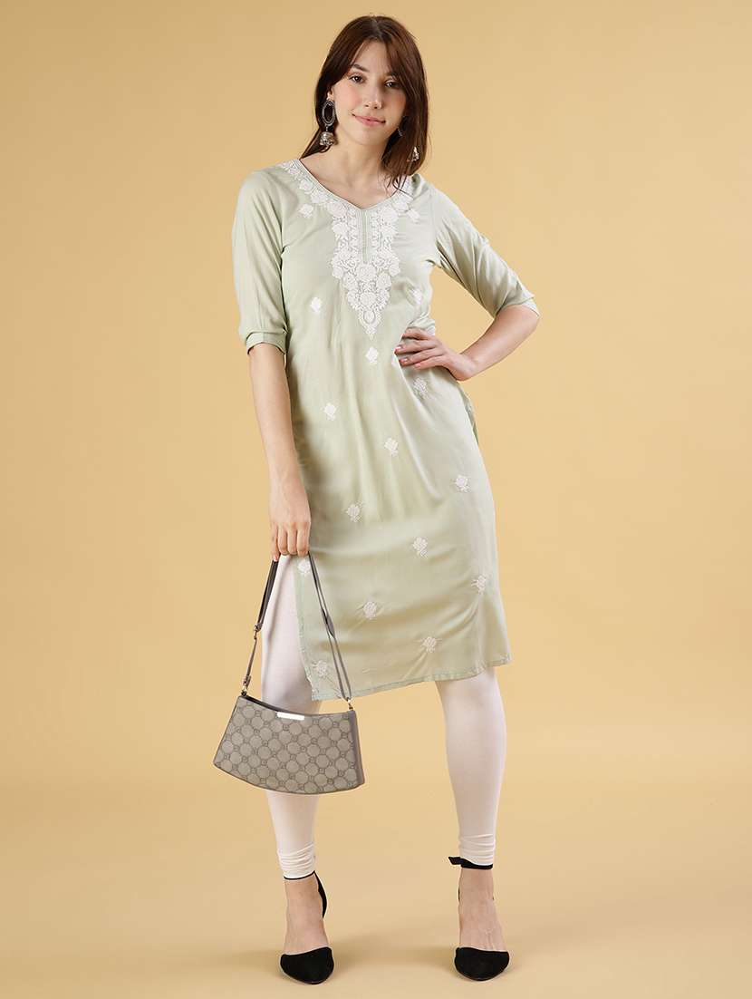 women embroidered three quarter sleeve straight kurta
