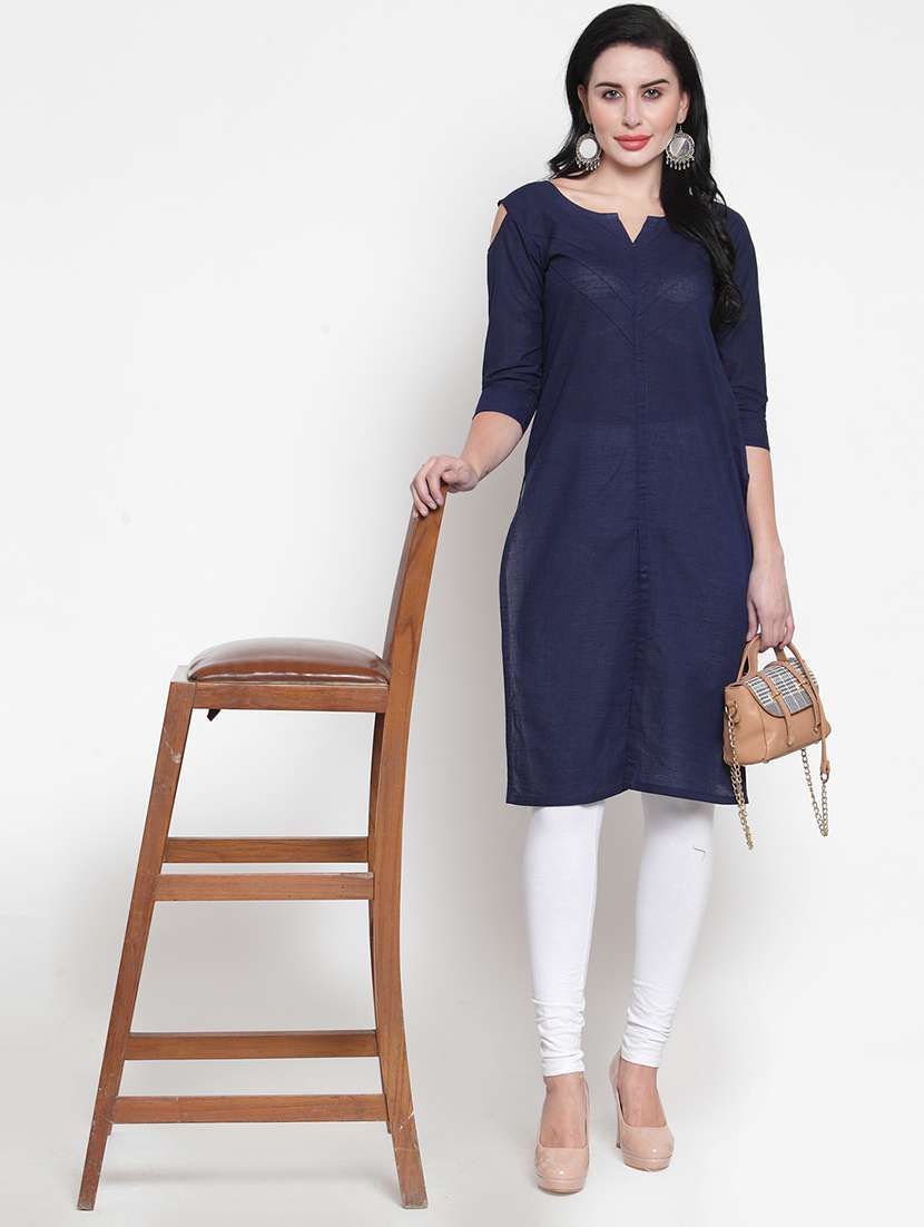 women solid three quarter sleeve straight kurta
