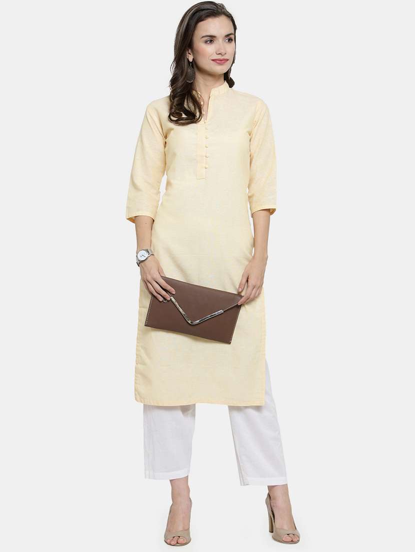 women solid three quarter sleeve straight kurta