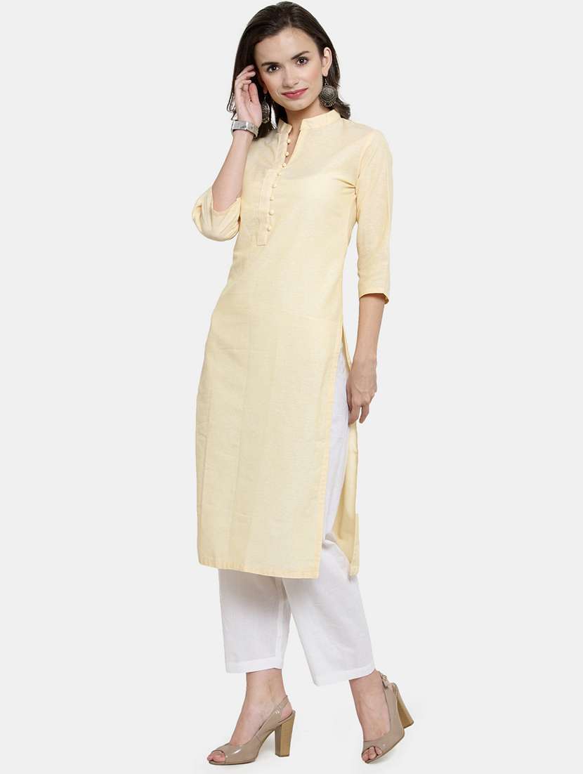 women solid three quarter sleeve straight kurta - 22061662 - Standard Image - 2