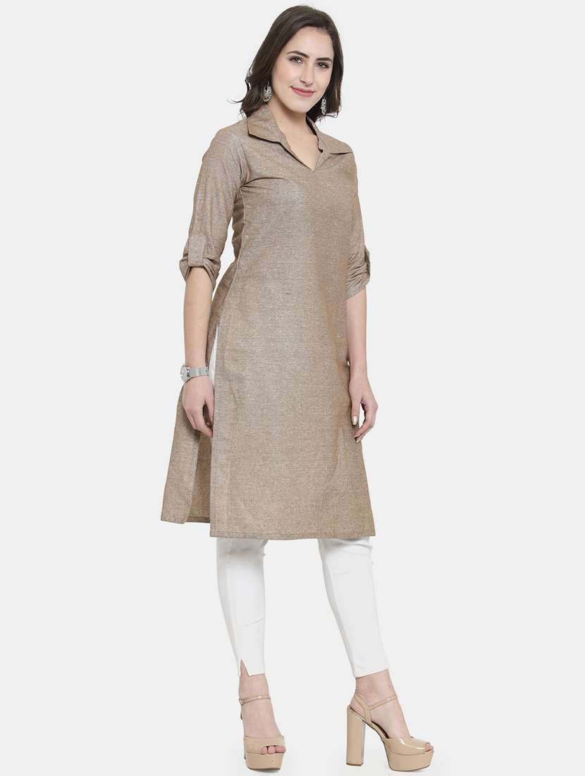 women solid three quarter sleeve straight kurta - 22061663 - Standard Image - 2