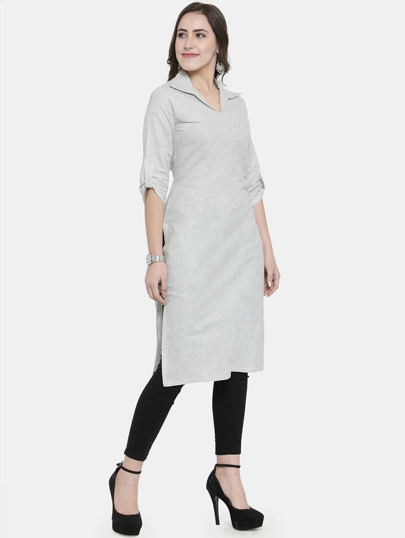 women solid three quarter sleeve straight kurta - 22061664 - Standard Image - 2