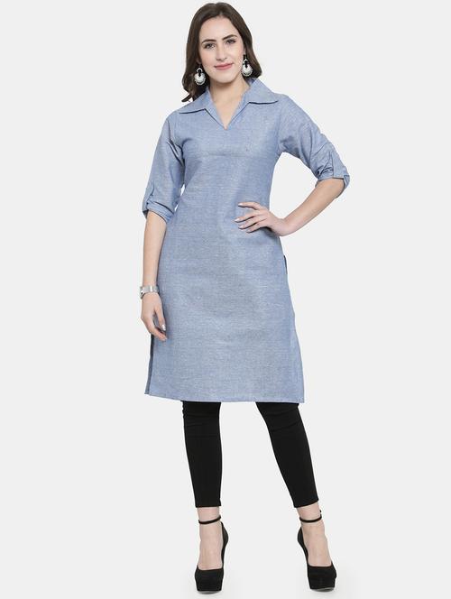 blue cotton straight kurta - 22061665 - Standard Image - 0