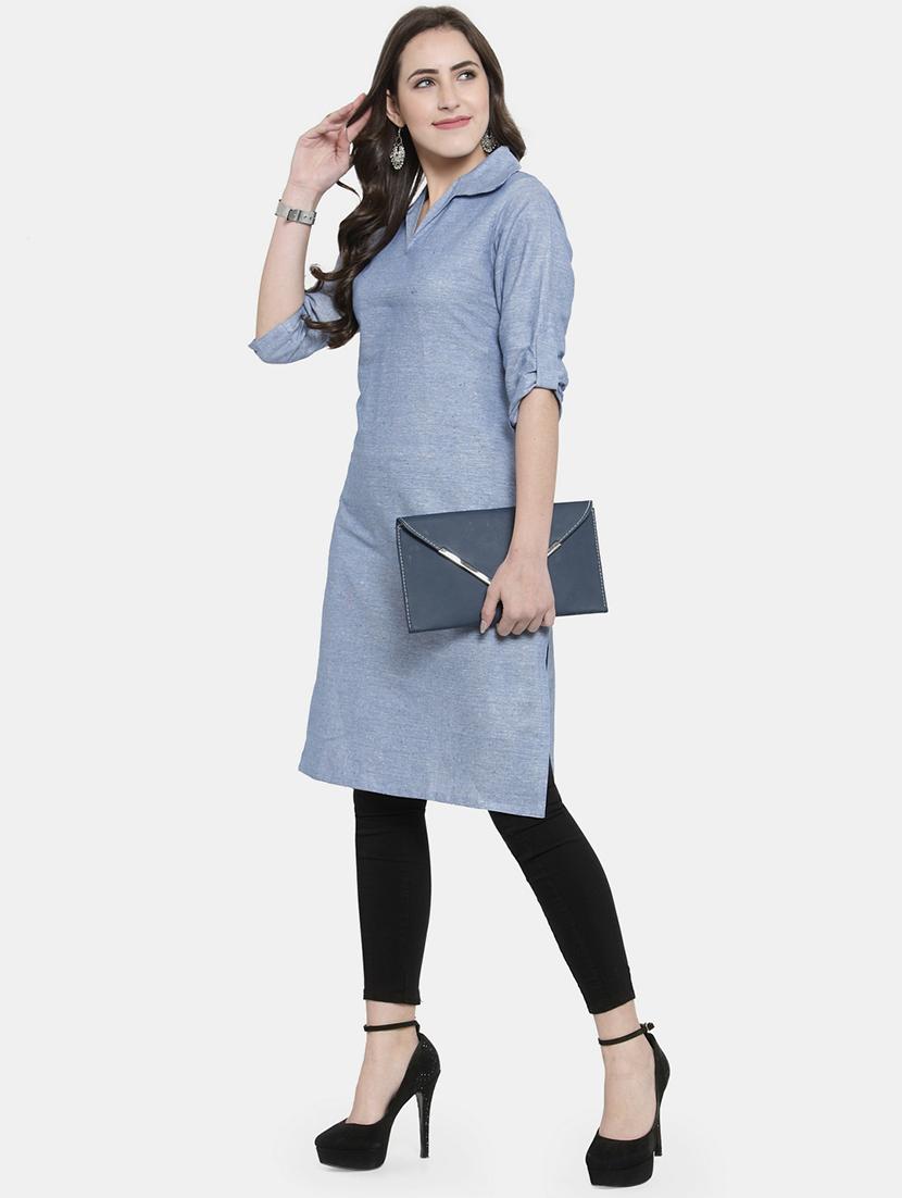 blue cotton straight kurta - 22061665 - Standard Image - 2