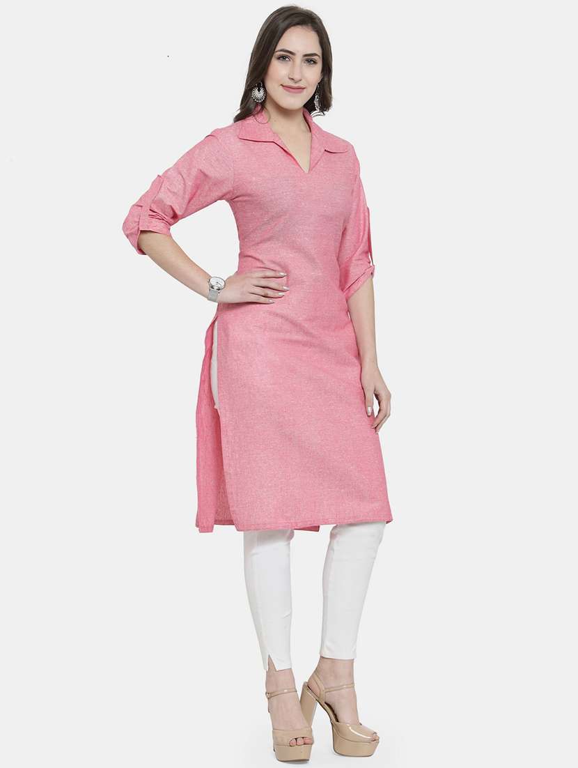women solid three quarter sleeve straight kurta - 22061666 - Standard Image - 2