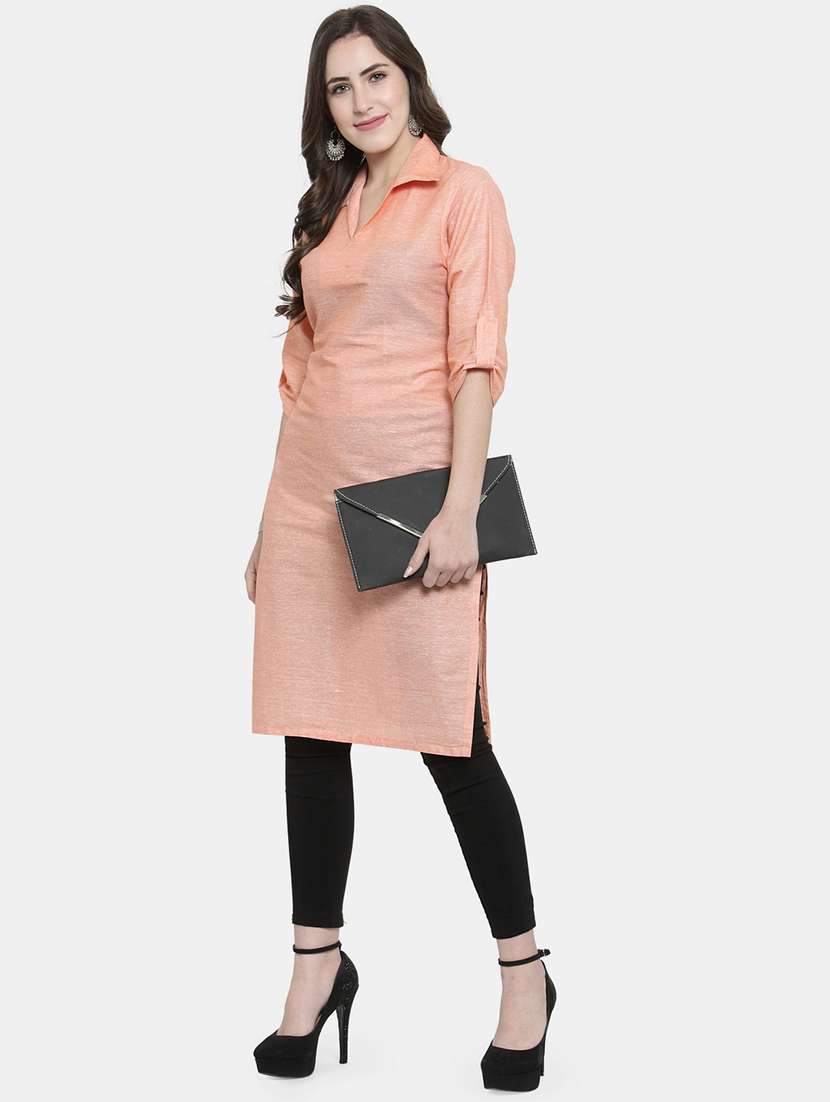 women solid three quarter sleeve straight kurta - 22061667 - Standard Image - 2
