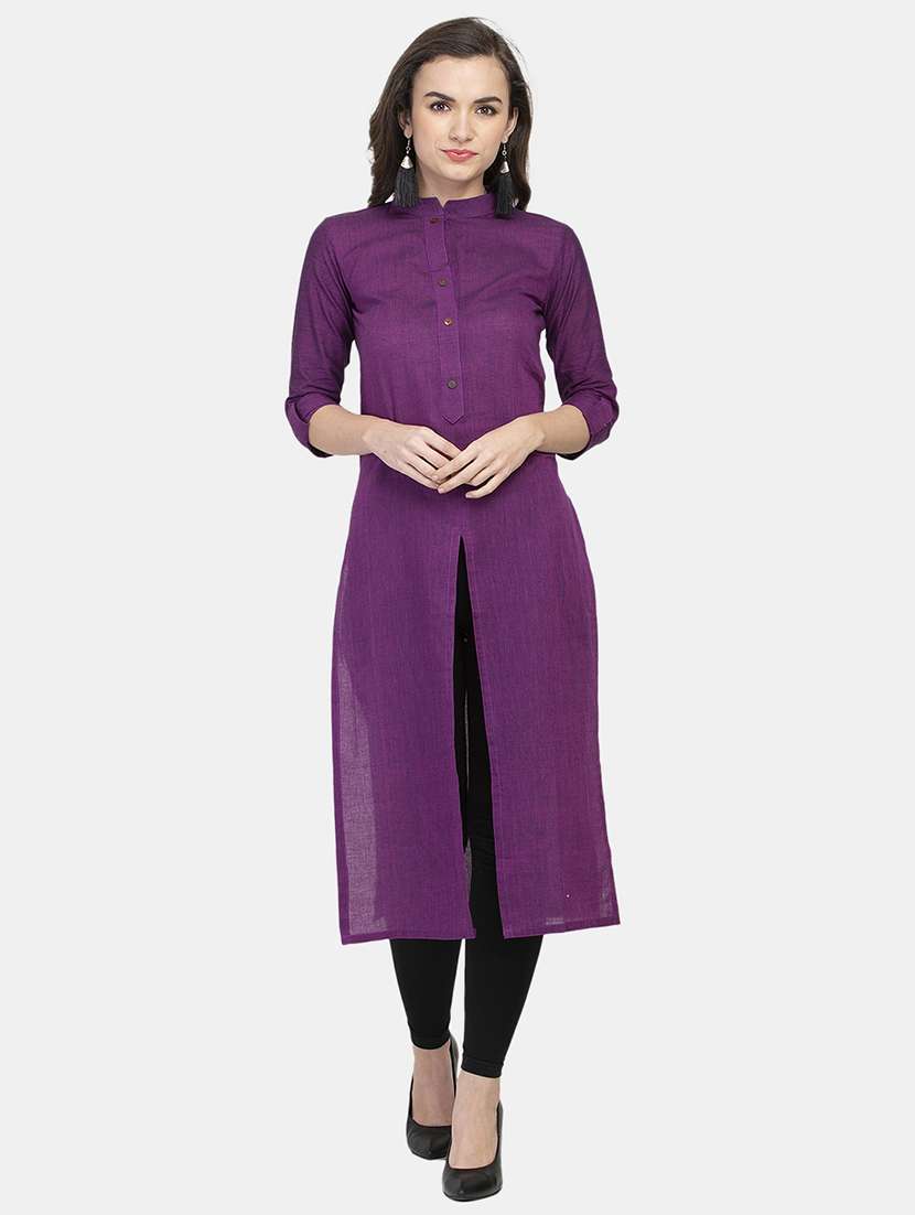 women solid three quarter sleeve straight kurta - 22061675 - Zoom Image - 0