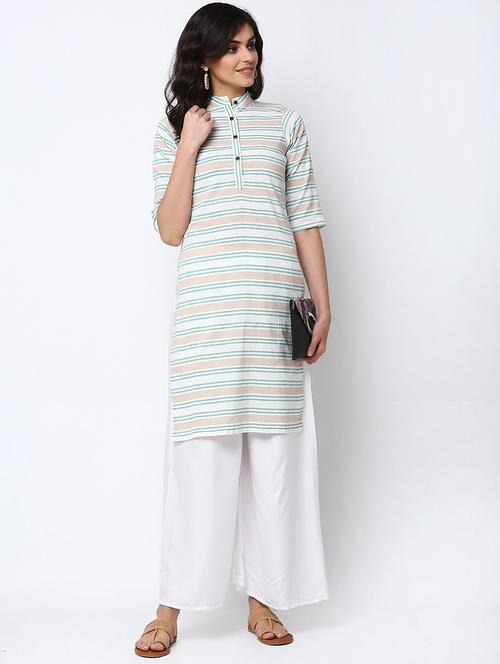 women striped three quarter sleeve straight kurta - 22061680 - Standard Image - 0