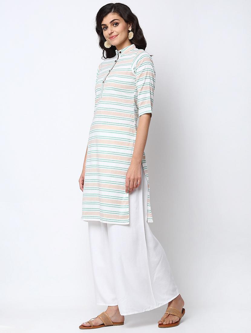 women striped three quarter sleeve straight kurta - 22061680 - Standard Image - 2