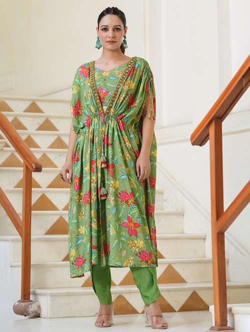 women floral kimono sleeve kaftan kurta pant set - 22061790 - Standard Image - 0